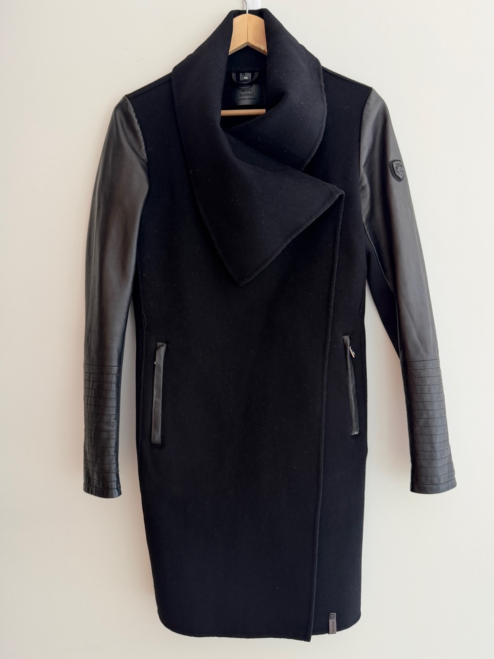 RUDSAK Taplin Coat Leather Sleeves Shawl Collar Edgy Minimalist Avante Garde